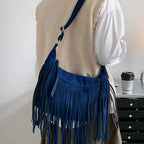 Large Retro Fringe Shoulder Bag – Ethnic Tassel Tote for Women Fringe Shoulder Bag Richie's Blue CN