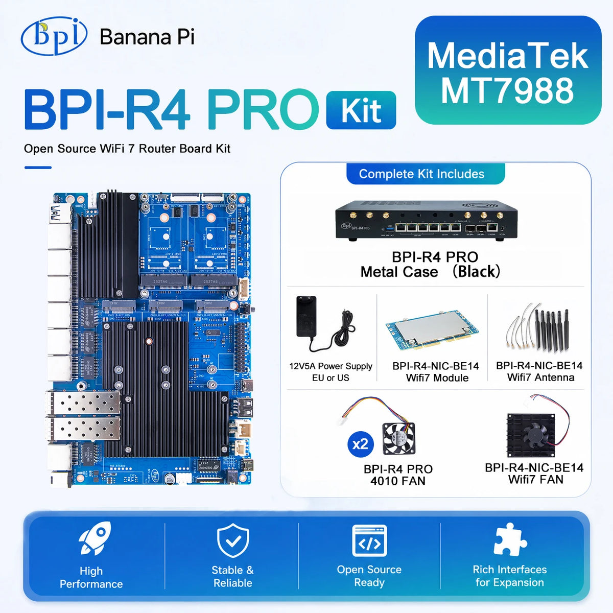 Banana Pi BPI-R4 PRO Router Board Set MT7988A Wi-Fi 7 8GB Router Board Kit Richie's US Power 4GB RAM SET 2