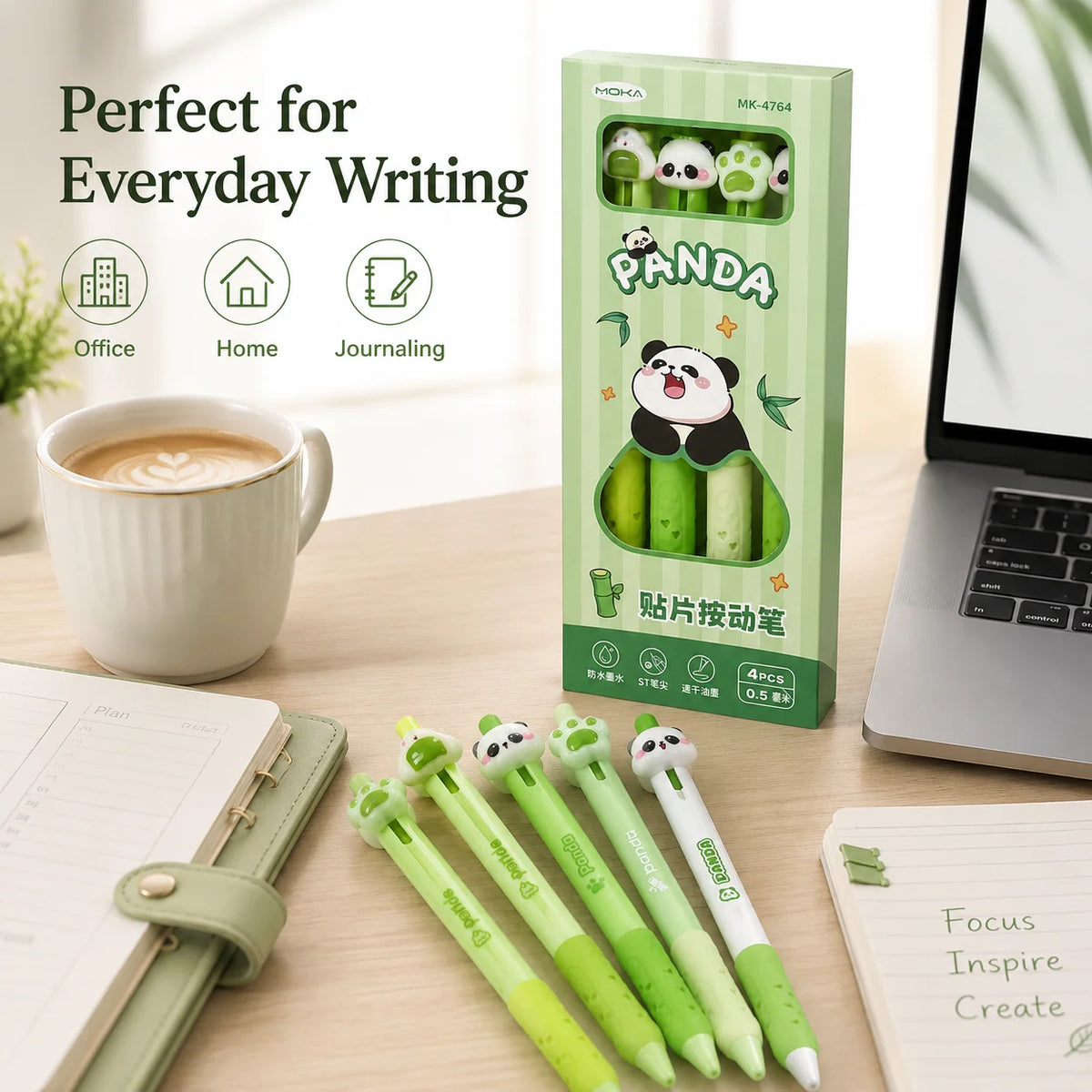 Kawaii Panda Retractable Gel Pen Set 4Pcs – 0.5mm Black Ink Gel Pen Set Richie's