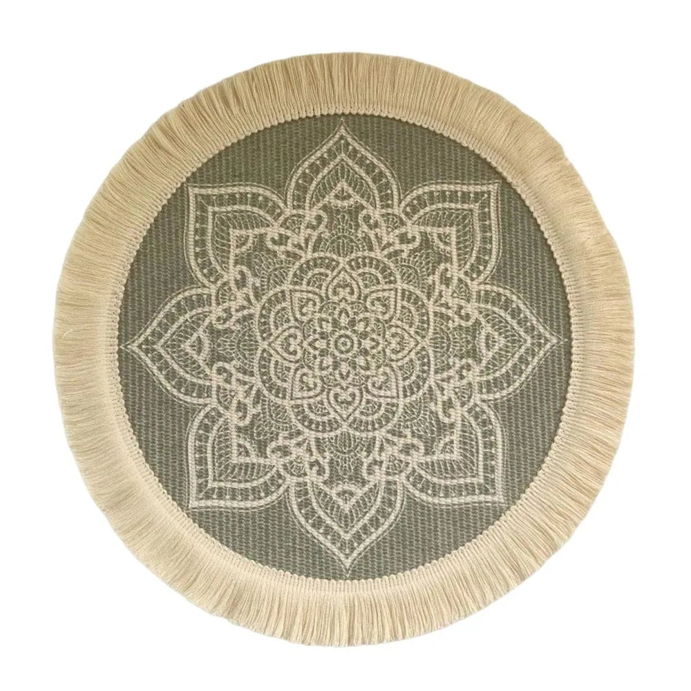 Bohemian Round Woven Placemat – Heat Resistant & Non-Slip Tassel Woven Placemat Richie's Dark Green L
