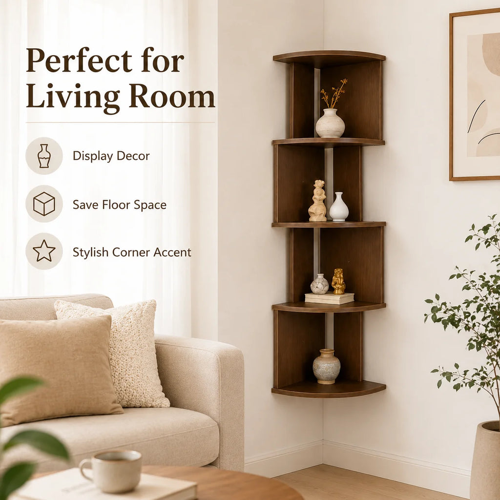 5-Tier Walnut Floating Corner Shelf – Wall Mount Storage Floating Corner Shelf Richie's