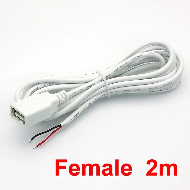 USB 2.0 2-Pin Power Supply Cable DIY Charging Cord 0.3m–2m USB Power Cable Richie's Female 2m