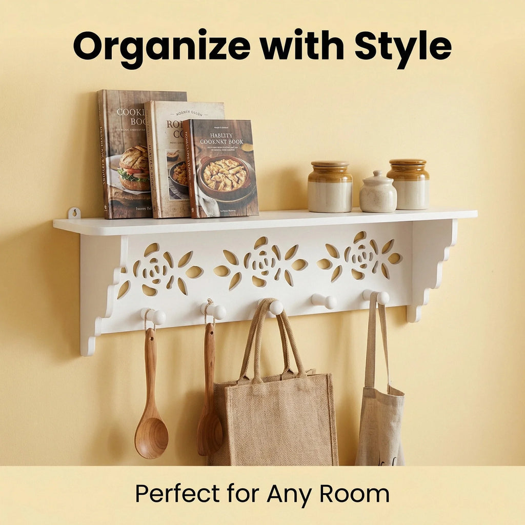 Floral Carved Wall Mount Coat Rack with Shelf & 5 Hooks Wall Mount Coat Rack Richie's