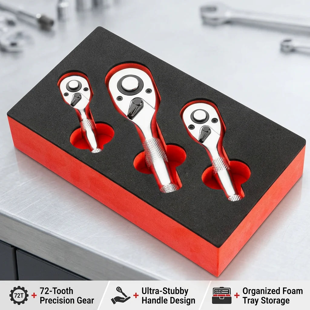 TOTNEND 72-Tooth Stubby Ratchet Set 1/4 3/8 1/2" Drive Ratchet Wrench Set Richie's as show