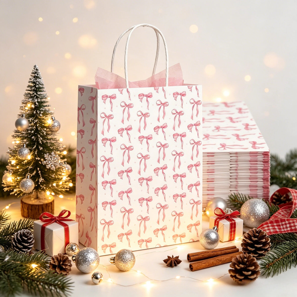 Pink Bow Paper Gift Bags with Handles | Party Favor Bags 6/10pk Paper Gift Bags Richie's