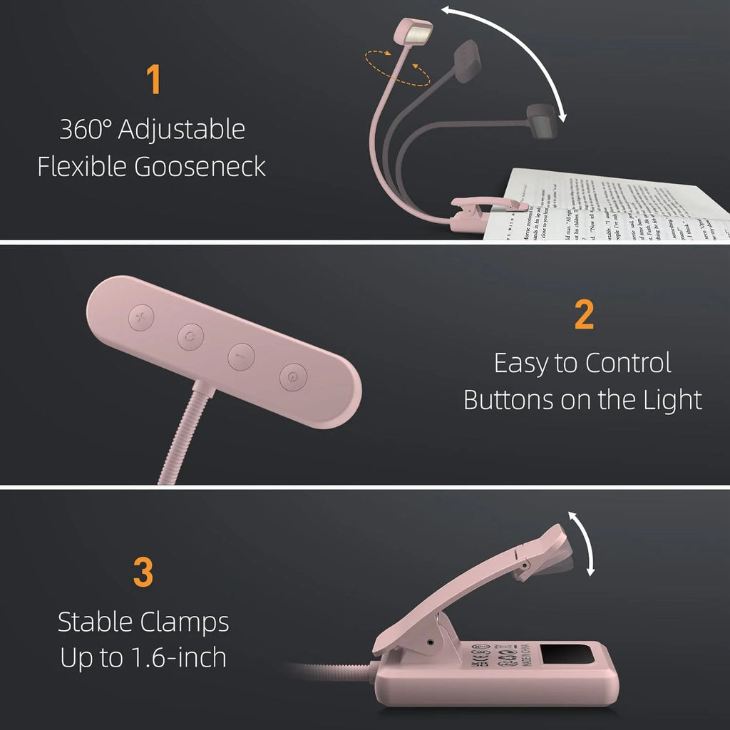 Pink USB Rechargeable Clip Book Light – 3-Color LED Reading Lamp Clip-On Book Light Richie's