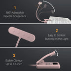 Pink USB Rechargeable Clip Book Light – 3-Color LED Reading Lamp Clip-On Book Light Richie's