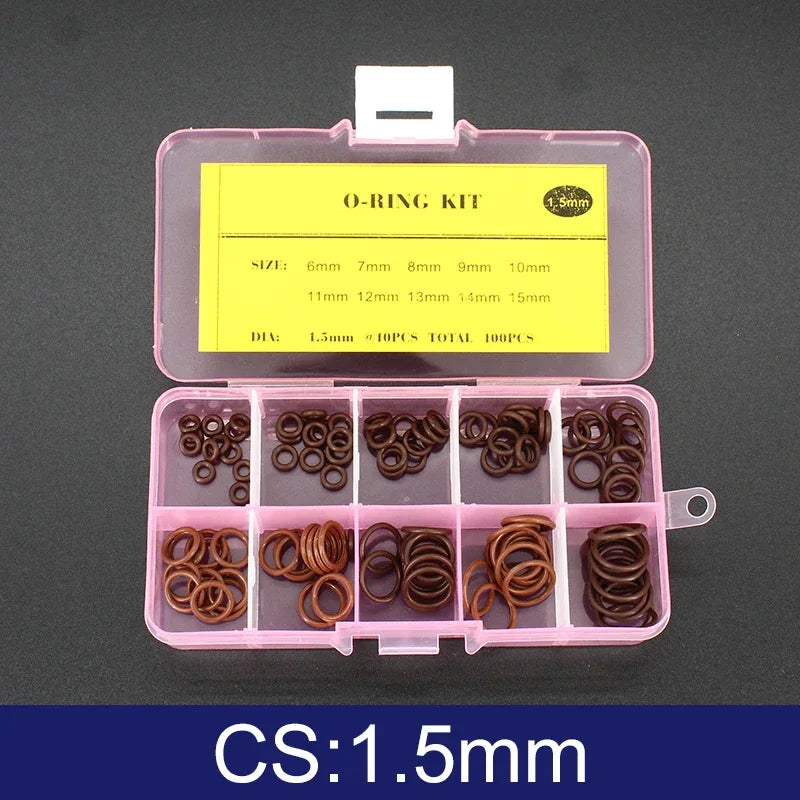 FKM O-Ring Kit 100pcs Fluorine Rubber Gasket Seal Assortment O-Ring Seal Kit Richie's One Box CS 1.5mm
