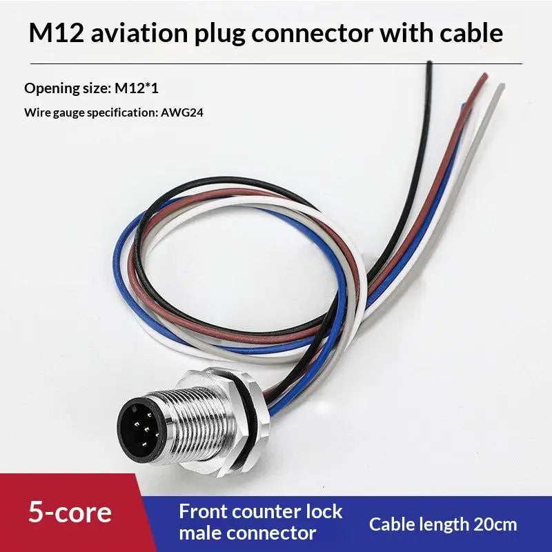 M12 IP67 Waterproof Connector 4/5/8 Pin Panel Socket 22AWG Wire Industrial Connector Richie's Front 5P M 20cm