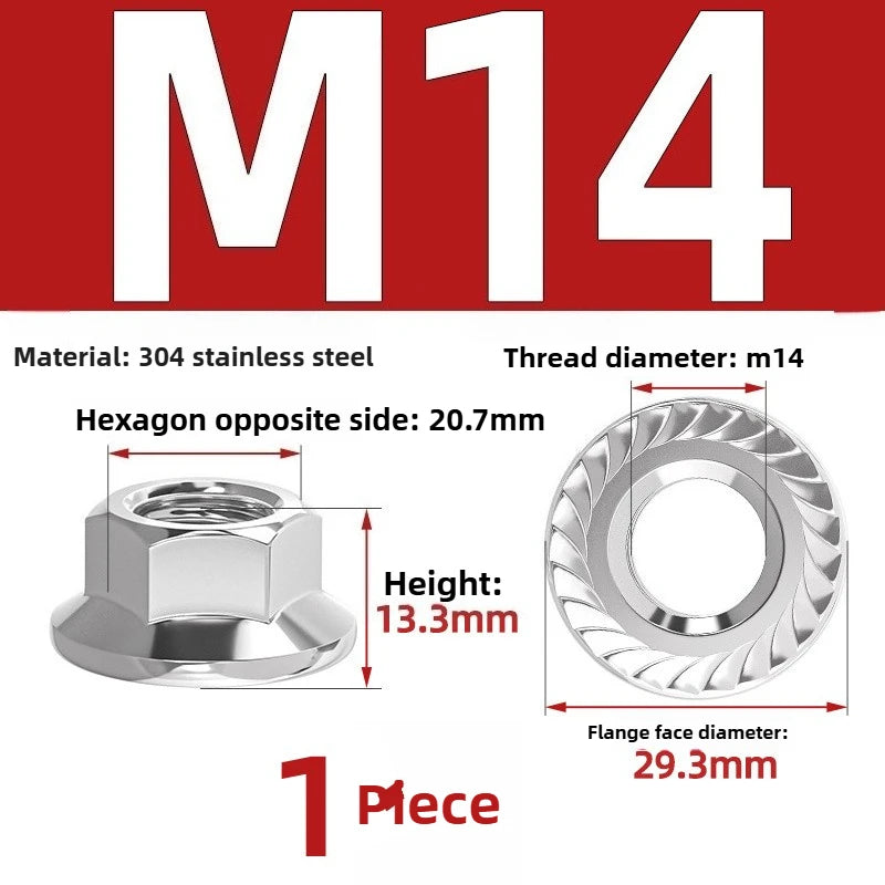 304 SS Hex Flange Nuts M3–M8 Anti-Loosening Serrated Hex Flange Nuts Richie's 304 M14 1pc