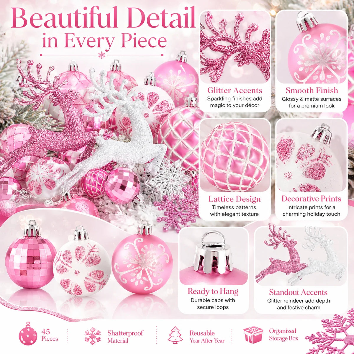 45-Piece Pink & White Christmas Ornament Set – Reindeer Snowflake Christmas Ornament Set Richie's