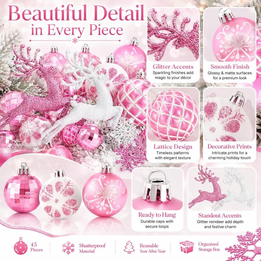 45-Piece Pink & White Christmas Tree Hanging Ornaments Set Christmas Tree Ornaments Richie's