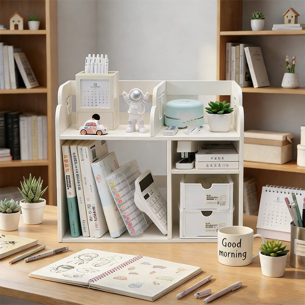 White Desk Organizer Shelf with Drawers | Desktop Storage Rack Desk Organizer Shelf Richie's
