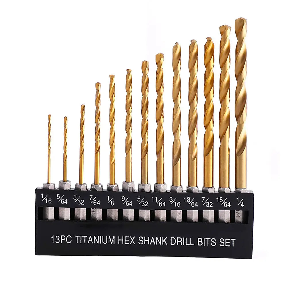 13-Pc SAE Titanium HSS Twist Drill Bit Set – Hex Shank 1/16"–1/4" Twist Drill Bit Set Richie's SAE with holder