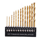13-Pc SAE Titanium HSS Twist Drill Bit Set – Hex Shank 1/16"–1/4" Twist Drill Bit Set Richie's SAE with holder