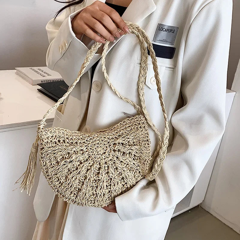 Handmade Straw Woven Semicircle Crossbody Bag | Boho Beach Bag Woven Crossbody Bag Richie's