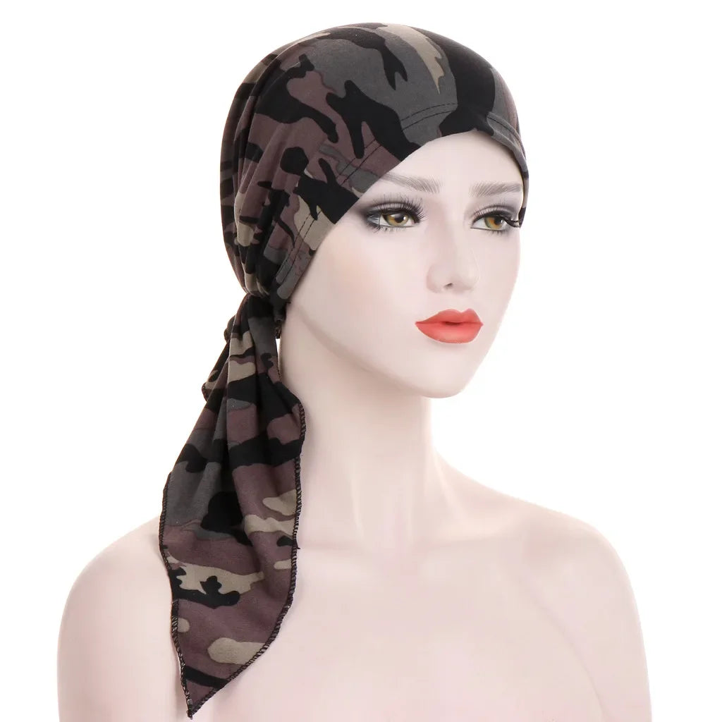 Women's Printed Pre-Tied Turban Cap Hijab Headscarf Bandana Turban Headscarf Cap Richie's Army green camouflag