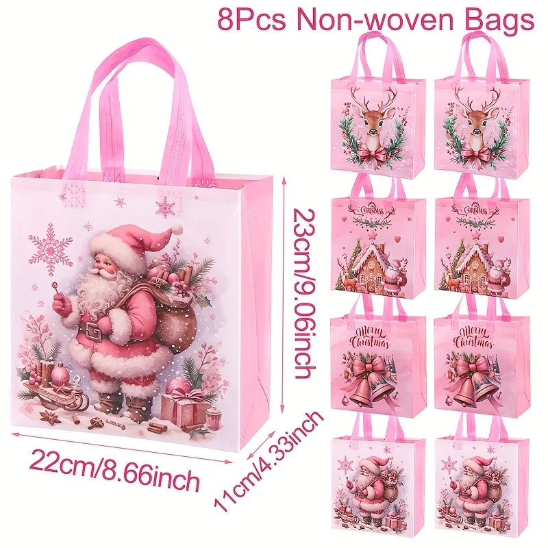 Pink Christmas Tote Bags with Handles | Santa & Elk 4/8 Pcs Christmas Gift Bags Richie's 8pcs