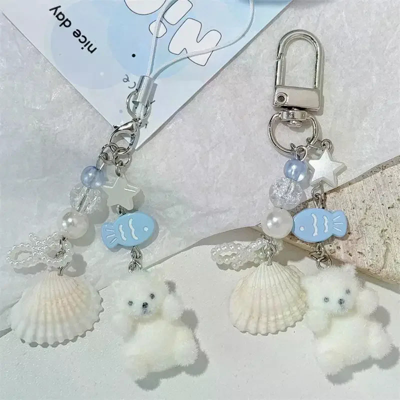 Flocked Polar Bear Shell Keychain Pendant | Cute Animal Keyring Animal Keychain Pendant Richie's