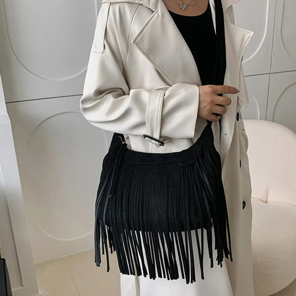 Large Retro Fringe Shoulder Bag – Ethnic Tassel Tote for Women Fringe Shoulder Bag Richie's black CN