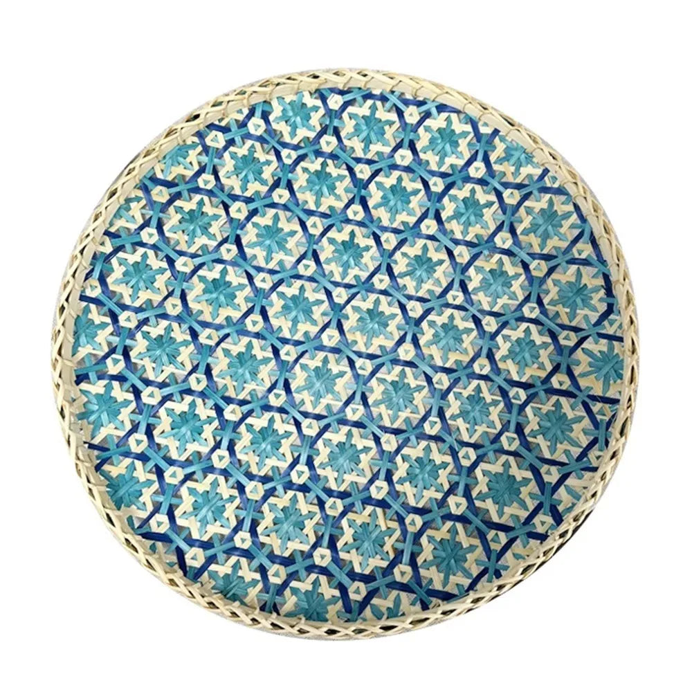 Bohemian Bamboo Woven Fruit Basket – Handwoven Round Tray Bamboo Woven Basket Richie's Blue 25cm