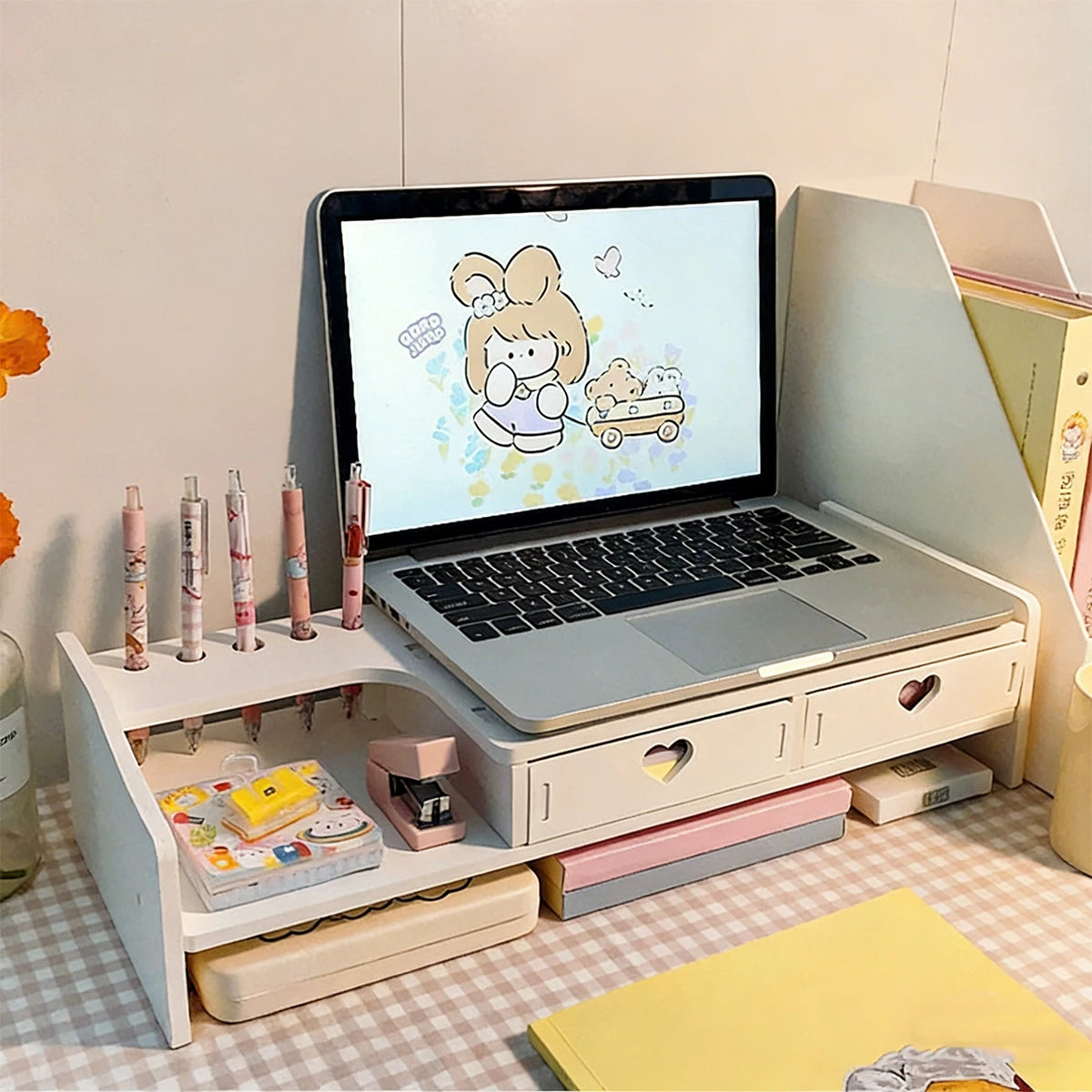White Monitor Stand with Heart Drawer | Ergonomic Desk Organizer Monitor Stand Richie's