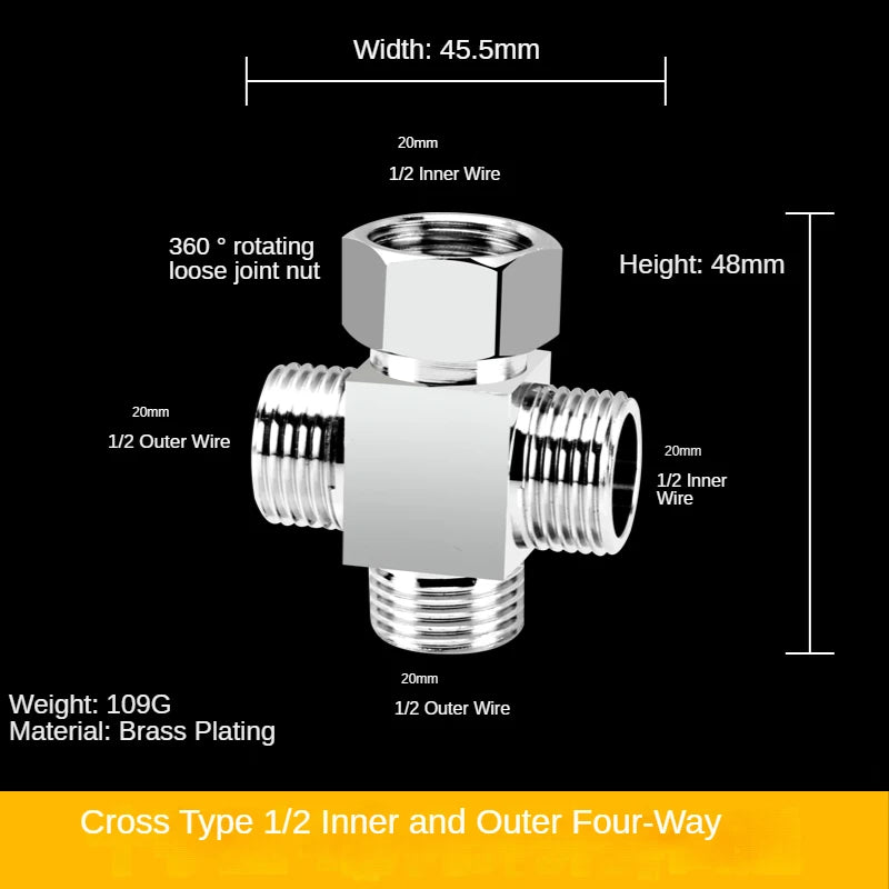 1/2" All-Brass Three-Way Faucet Splitter | 1-In-2-Out Fitting Brass Pipe Fitting Richie's 17