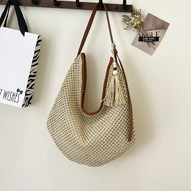 Rattan Woven Women Shoulder Bag Large Beach Tote Straw Purse Woven Shoulder Bag Richie's Creamy-white