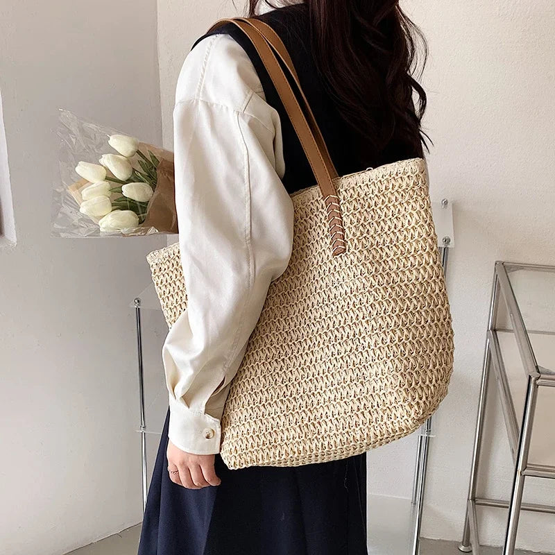 Women's Bohemian Straw Tote Bag – Hand-Woven Beach Shoulder Bag Straw Tote Bag Richie's