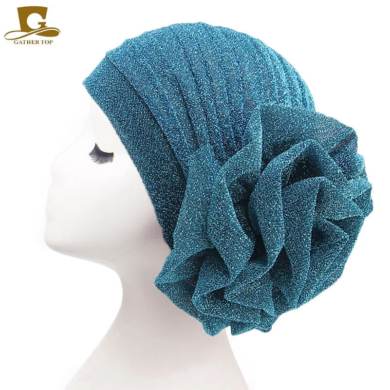 Women Pleated Flower Turban Hat Stretch Hijab Cap Head Wrap Turban Hijab Cap Richie's Lake Blue