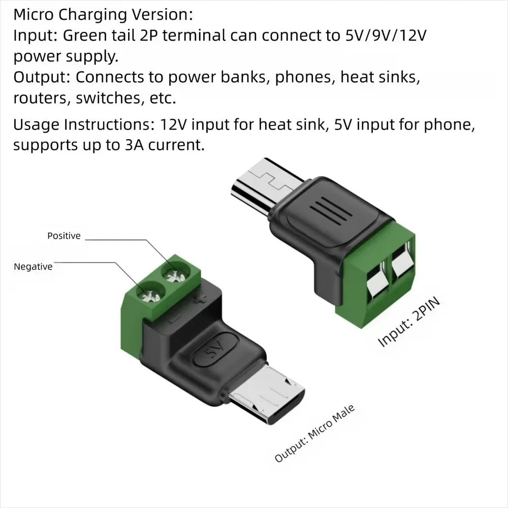 USB Type-C & Micro 2-Pin Screw Terminal Solderless Adapter 5V USB Terminal Adapter Richie's 1PCS Micro-Male Charging