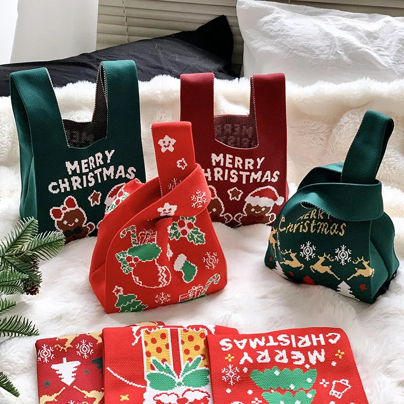 Christmas Knitted Spandex Tote Bag – Santa & Tree Gift Bag Holiday Gift Tote Bag Richie's