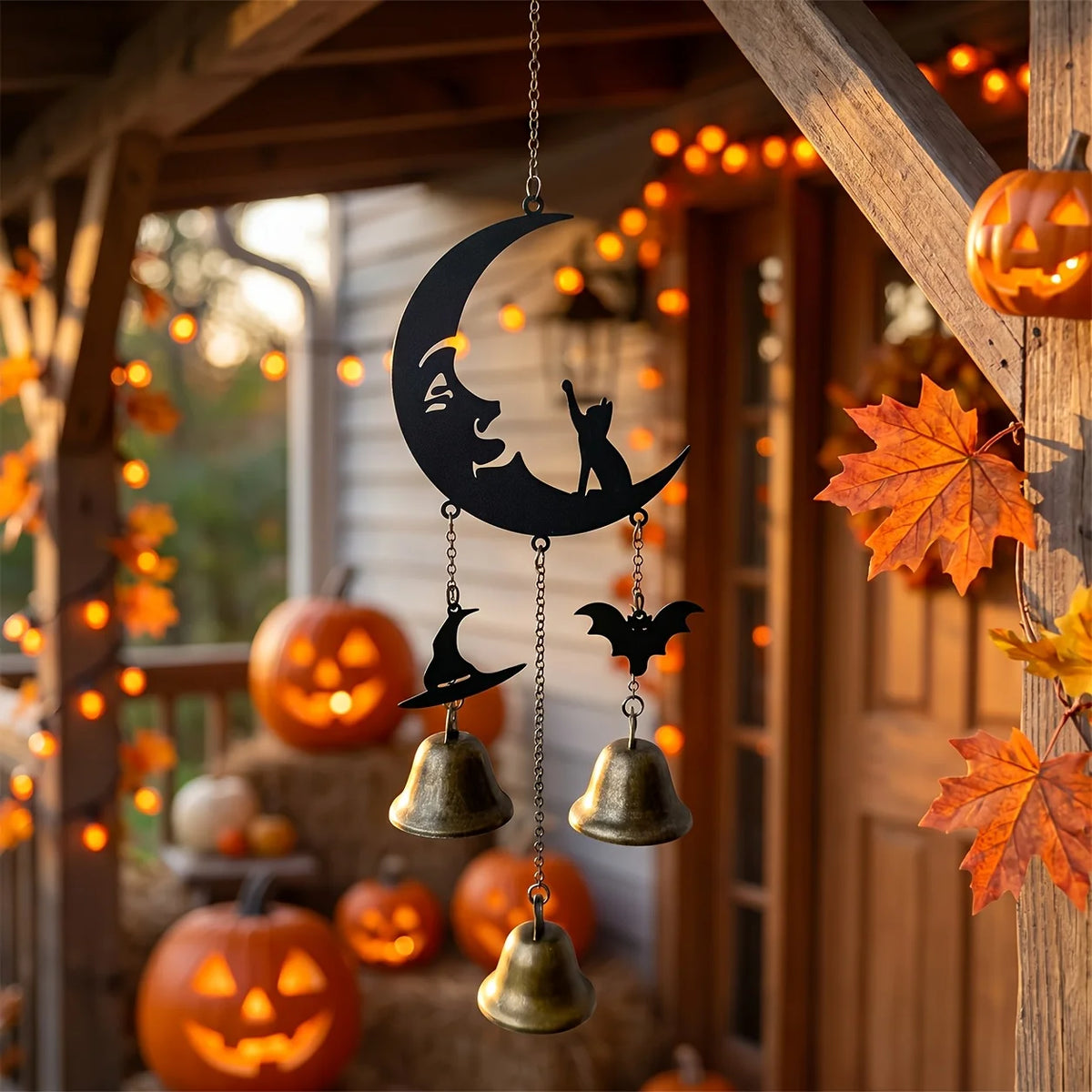 Gothic Moon Cat Metal Wind Chime – Halloween Bat & Witch Hat Décor Gothic Wind Chime Richie's