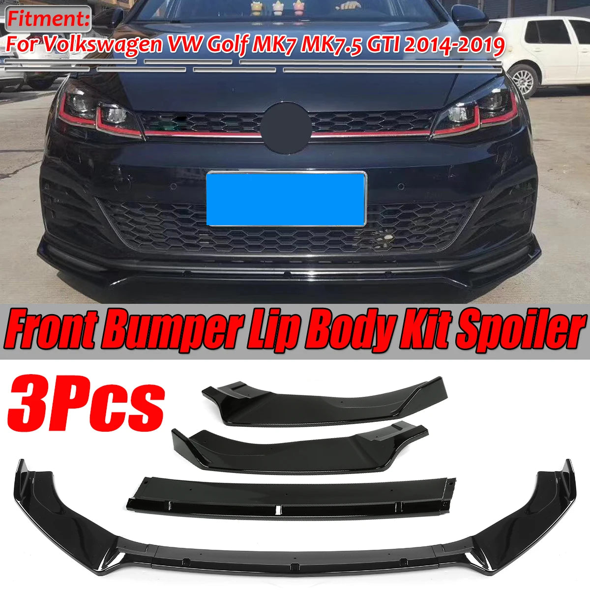VW Golf MK7 MK7.5 GTI 3pc Glossy Black Front Bumper Lip Spoiler Bumper Lip Spoiler Richie's