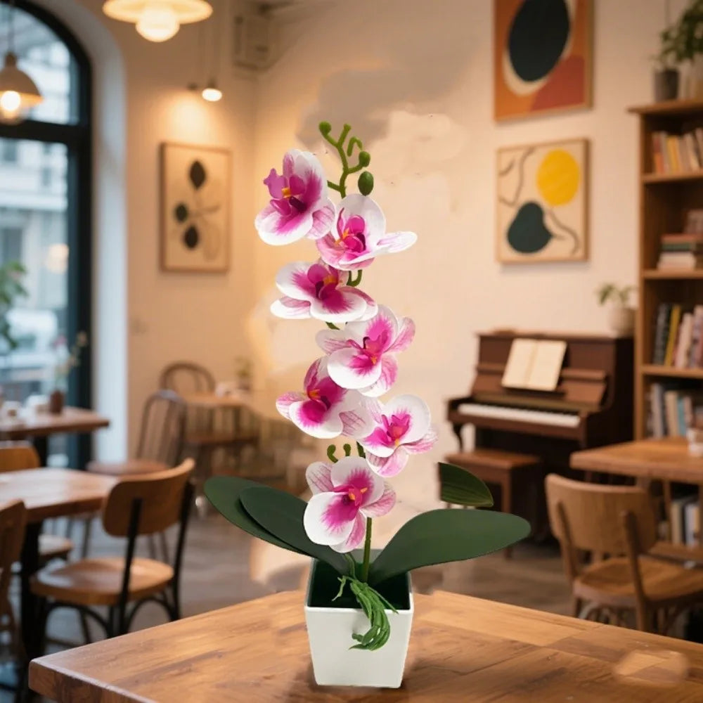 Artificial Pink Orchid Potted Plant – 7 Blooms, White Pot Artificial Potted Plant Richie's Style A