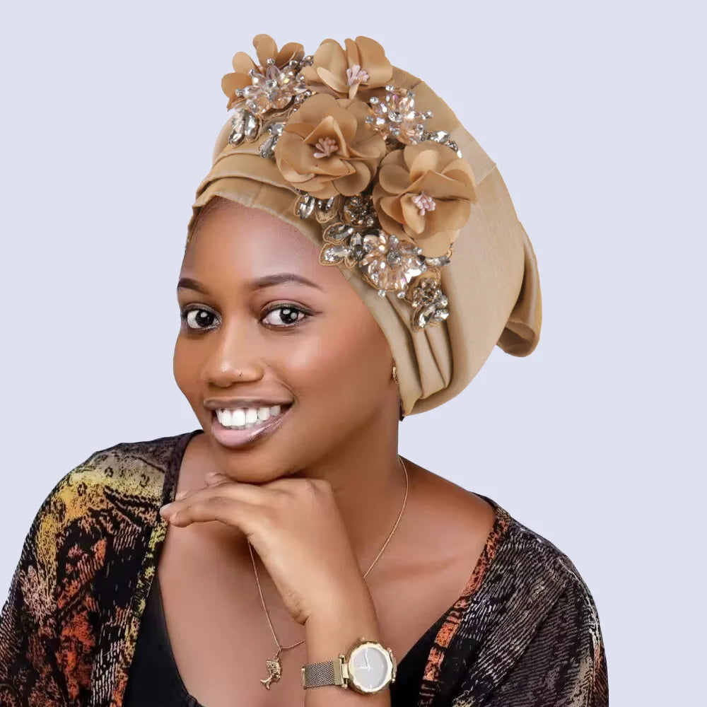 Women's Crinkle Headwrap African Headtie Rhinestone Flower Cap Fashion Headwrap Richie's Khaki