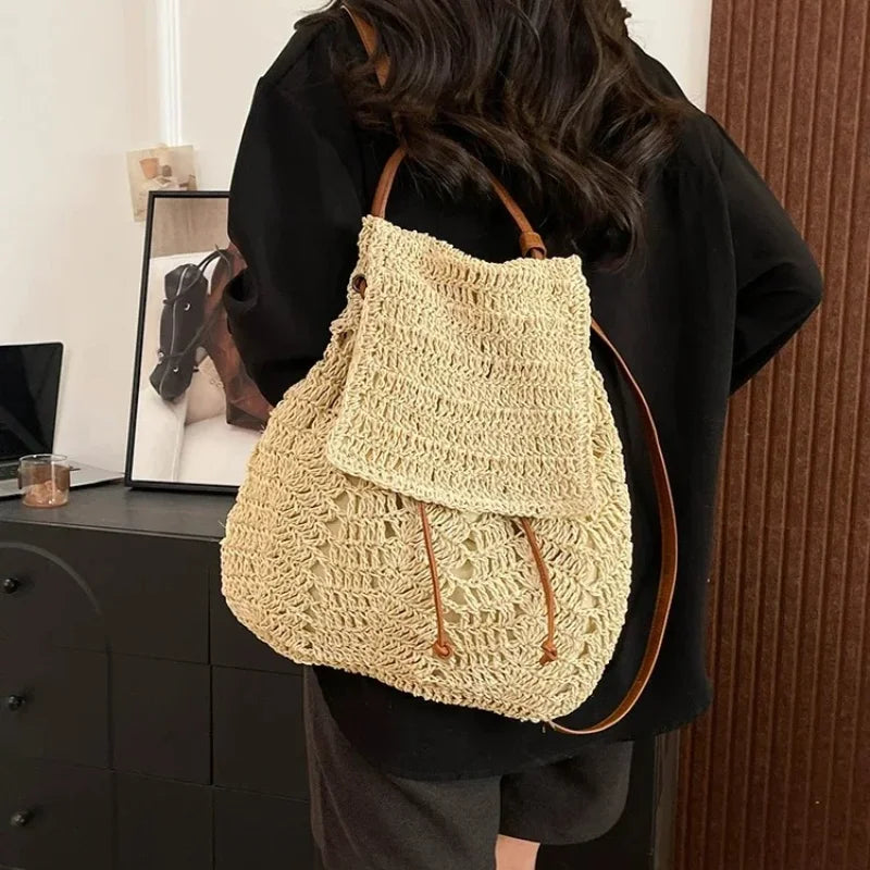 Large Woven Straw Drawstring Backpack for Women | Casual Woven Straw Backpack Richie's