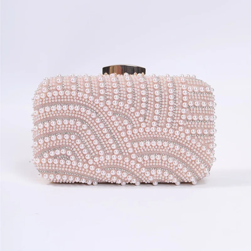 Ladies Pearl Beaded Evening Clutch Bag with Long Chain Evening Clutch Bag Richie's Champagne