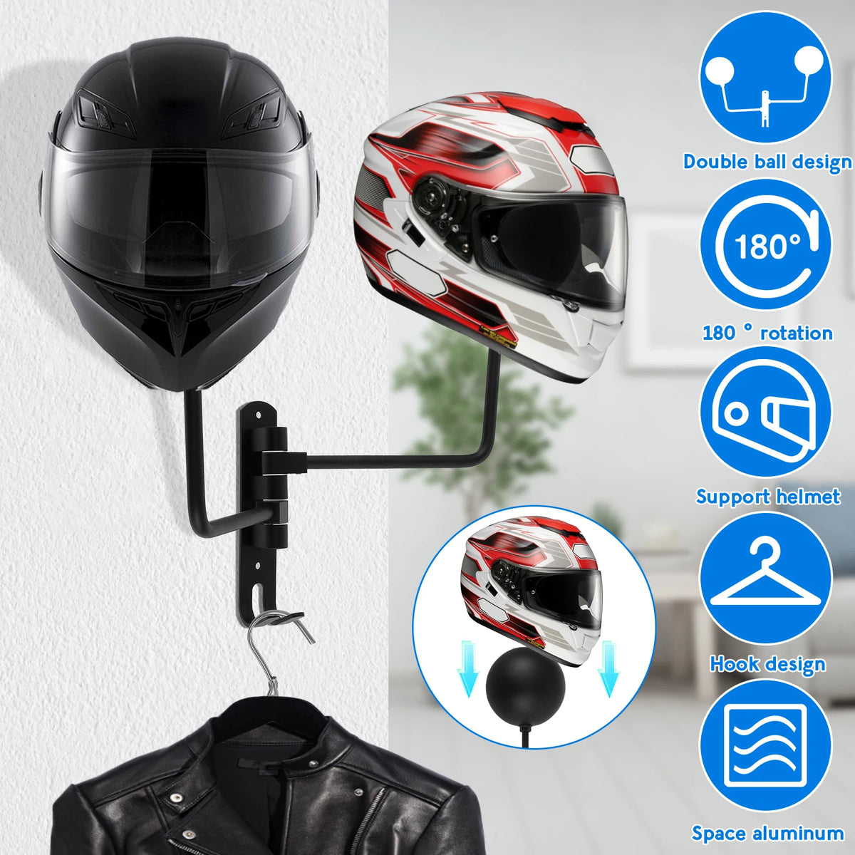 Wall Mount Motorcycle Helmet Holder 180° Dual-Ball Rack 2PCS Helmet Wall Rack Richie's