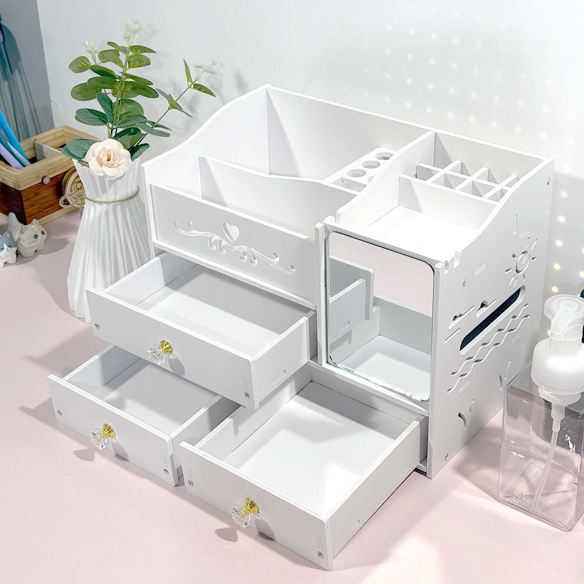 Vanity Makeup Organizer with Mirror, Drawers & Brush Slots Makeup Storage Organizer Richie's