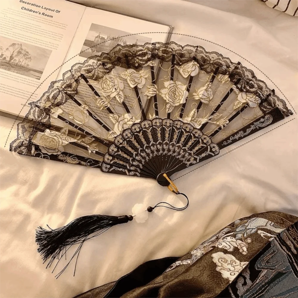 Floral Lace Foldable Hand Fan with Tassel – Dance & Party Decorative Hand Fan Richie's Black