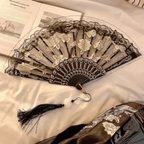 Floral Lace Foldable Hand Fan with Tassel – Dance & Party Decorative Hand Fan Richie's Black
