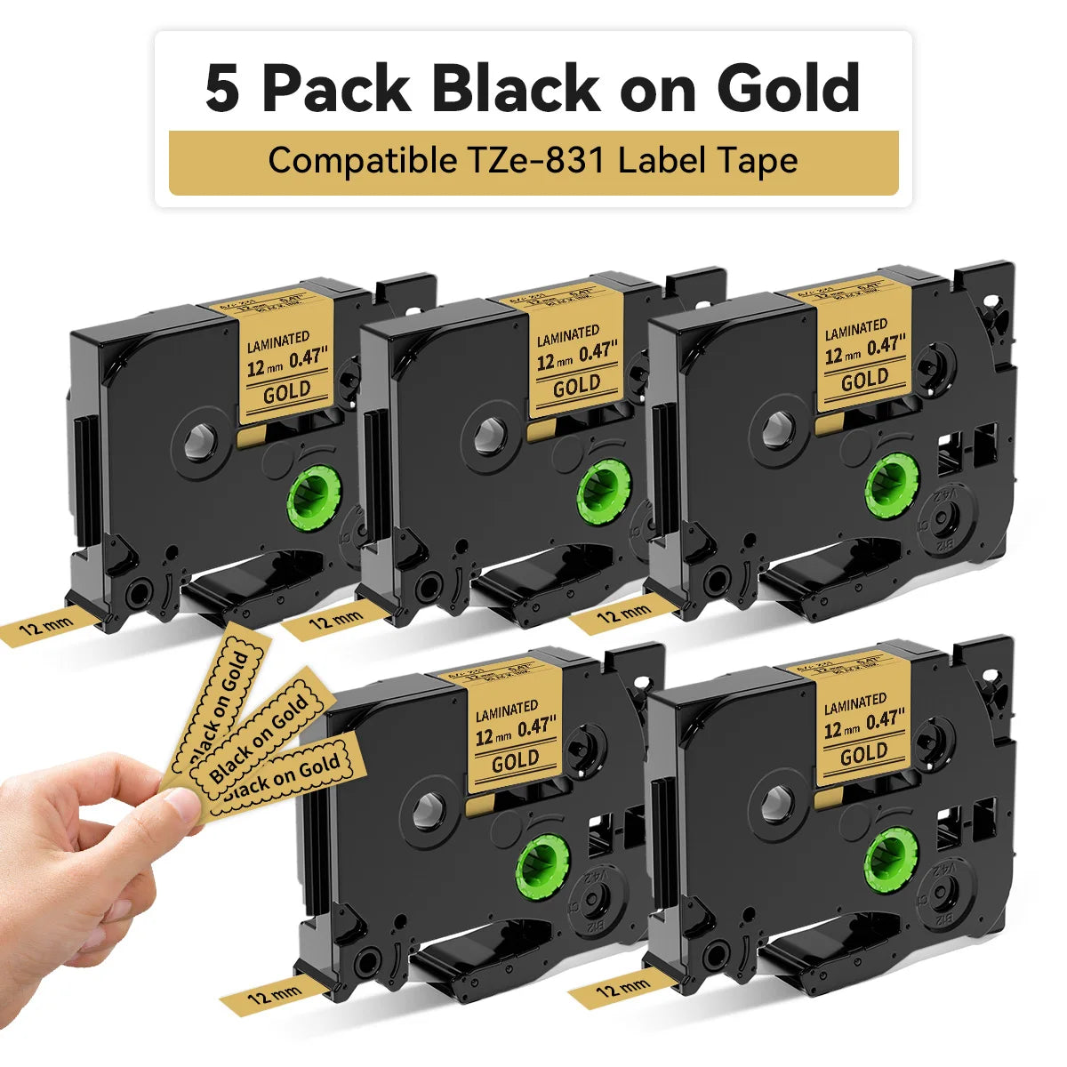 5-Pack TZe-231 Laminated Label Tape – Brother P-Touch Compatible Label Printer Tape Richie's 5PK Black on Gold 6mm