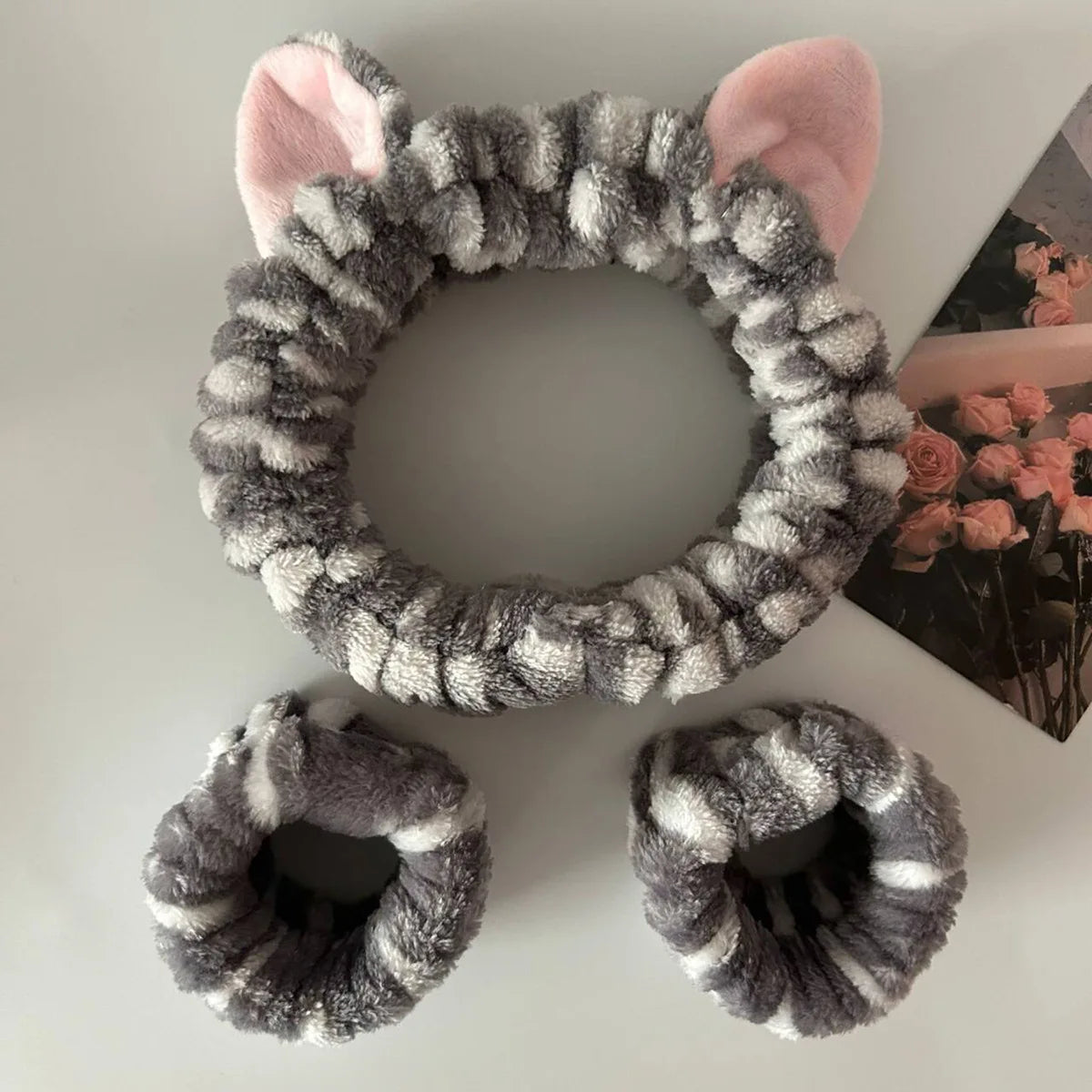 Cute Cat Ear Plush Headband & Wrist Strap Set – Coral Fleece Wash Headband Set Richie's 1set 1