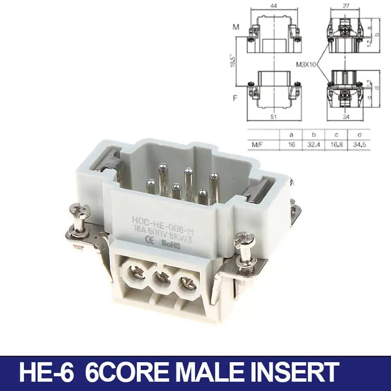 HDC-HE Heavy Duty Connector 6–24 Core 16A 500V Aviation Plug Industrial Connector Insert Richie's 6P Male