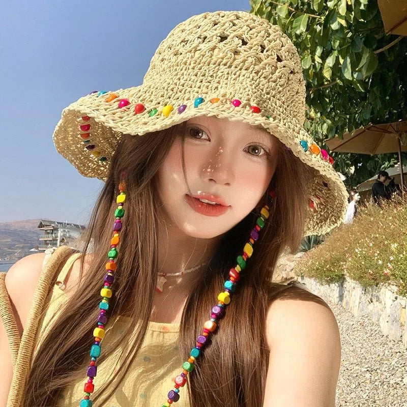 Women's Handmade Crochet Straw Bucket Hat – Wide Brim Beach Straw Bucket Hat Richie's