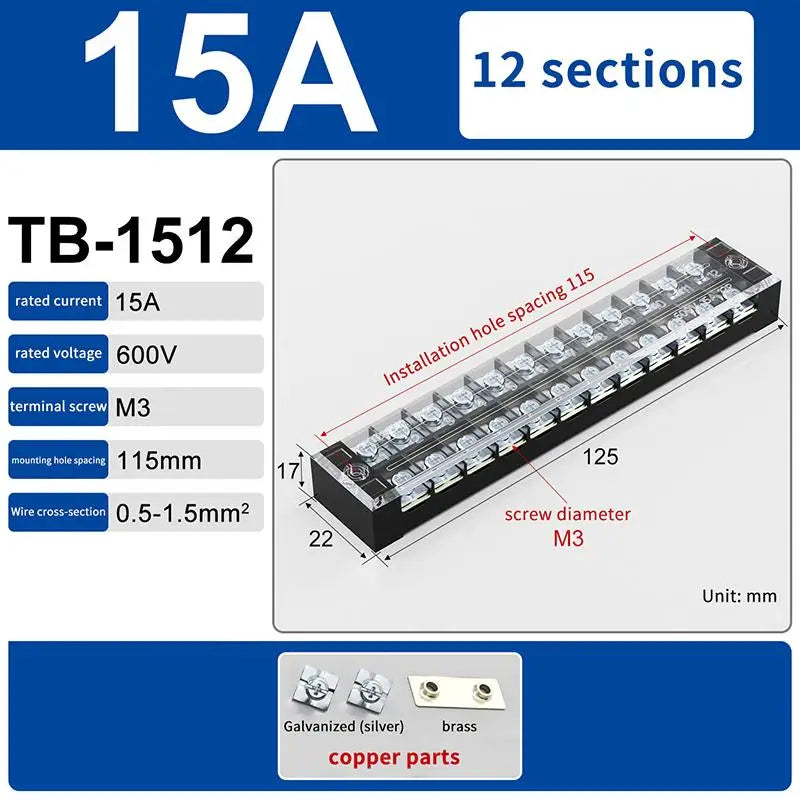 Dual Row Barrier Screw Terminal Block 15A 600V TB Series Screw Terminal Block Richie's TB1512