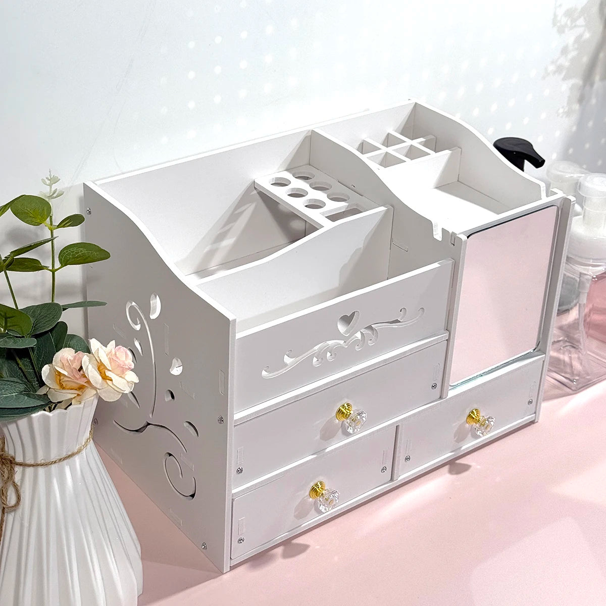 Vanity Makeup Organizer with Mirror, Drawers & Brush Slots Makeup Storage Organizer Richie's