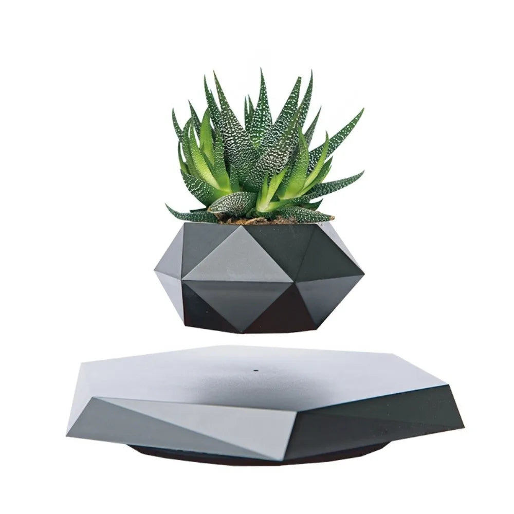 Magnetic Levitation Floating Bonsai Pot Geometric Desk Ornament Levitating Desk Ornament Richie's Black