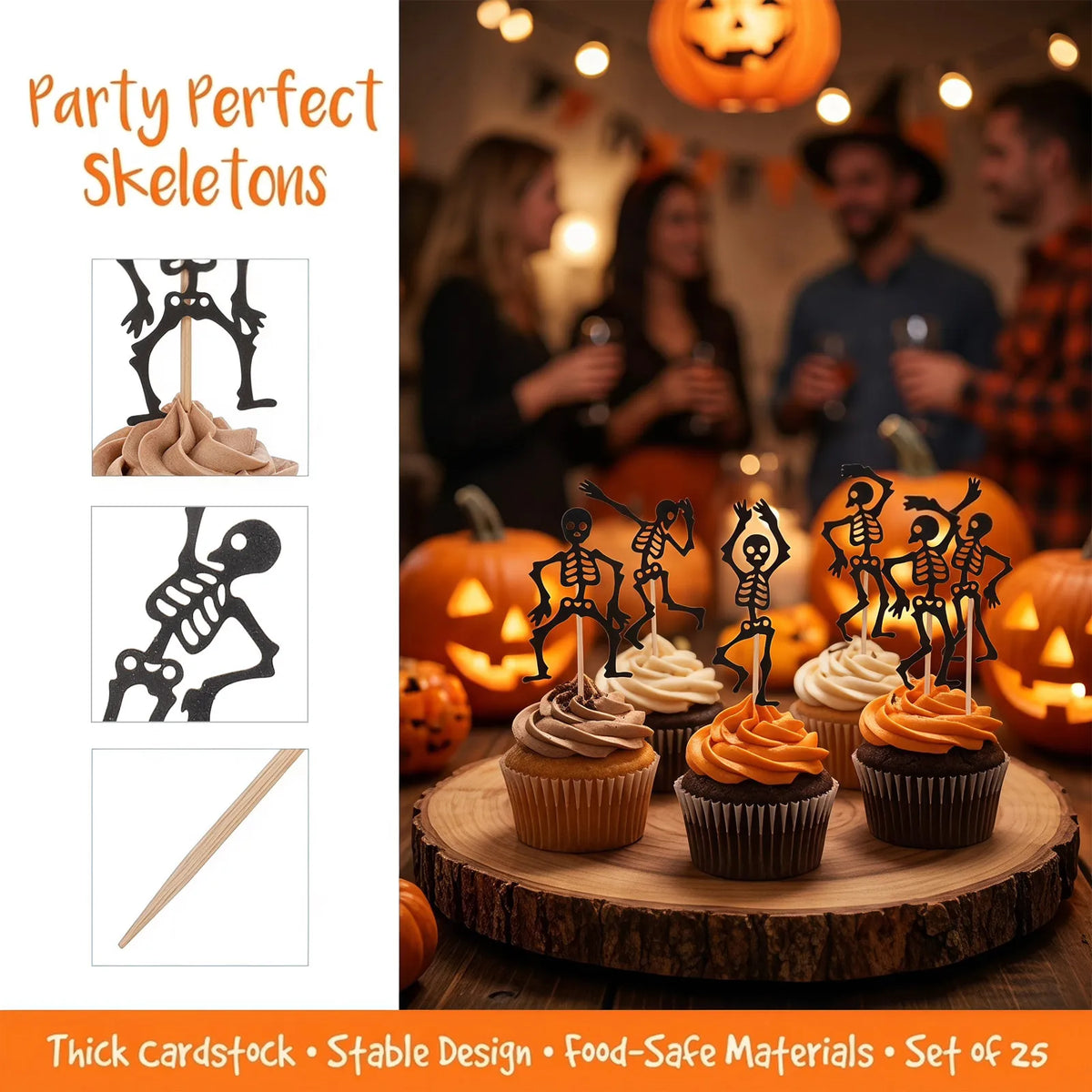 25Pcs Halloween Skull Cupcake Toppers Black Glitter Picks Cupcake Toppers Richie's